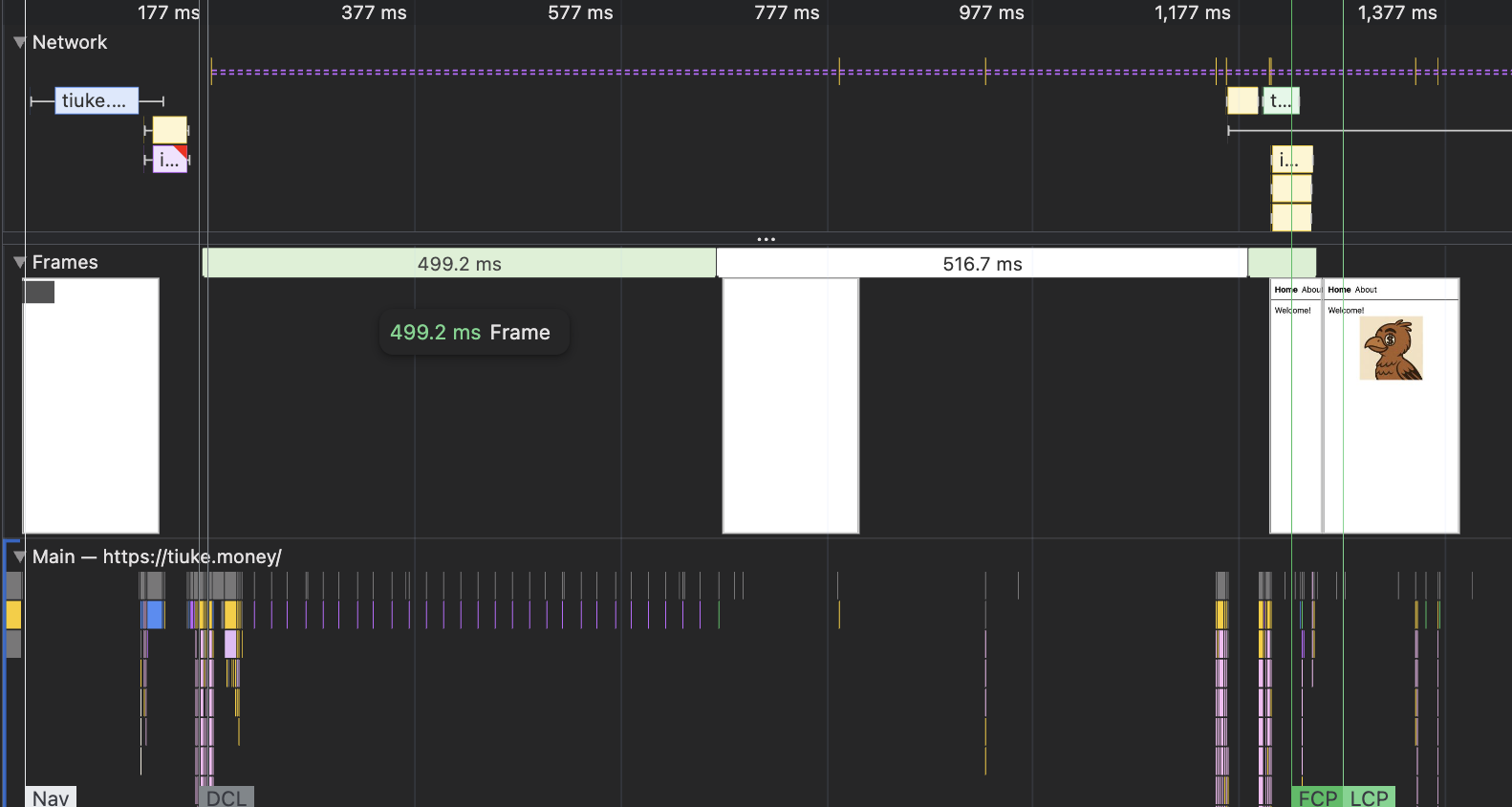 Performance panel of Chrome. It shows a timeline of the app load, showing a 160ms delay for the page, 3 groups of requests for JS and CSS that took 100ms each, and a long, more than 1s purple line, representing a WebSocket connection.