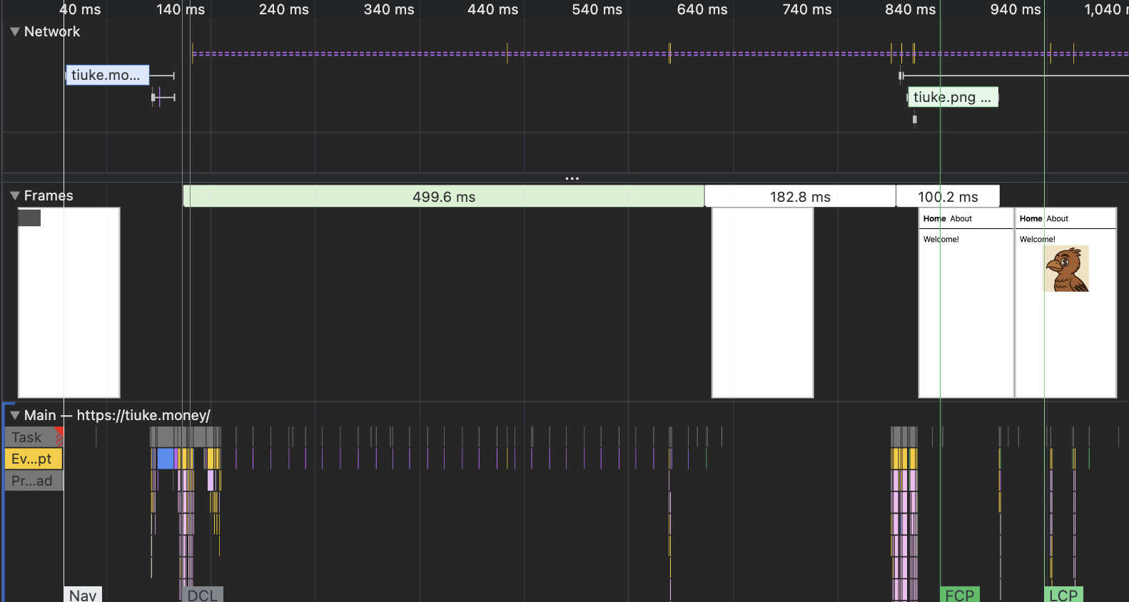 Performance panel of Chrome. The 3 groups of requests of CSS and JS were reduced to be nearly instantaneous.