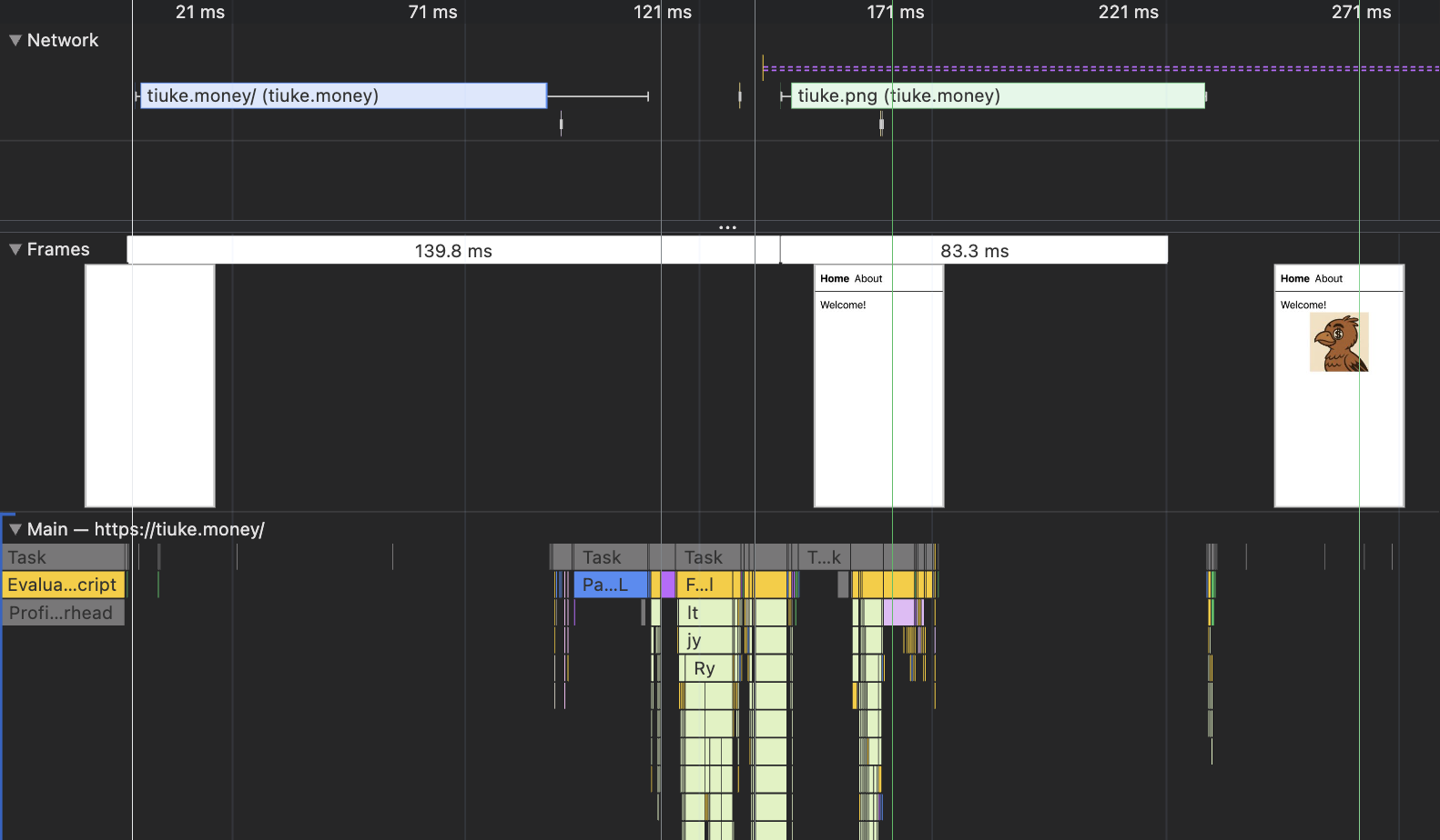 Performance panel of Chrome. It shows the First Paint at 170ms, after the request of the HTML and running the cached JS and CSS. The WebSocket connection and a request of an image start at 130ms, without blocking the initial paint of the page.